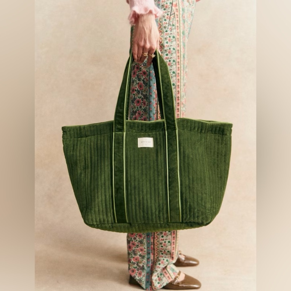 Sezane Green Velvet Padded Totebag.